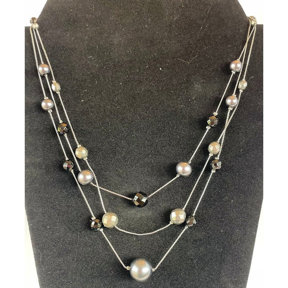 Viintage Gray Faux Pearl & Faceted Bead 3-Strand Silver Tone Statement Necklace - Picture 2 of 5